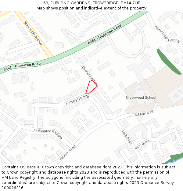 63, FURLONG GARDENS, TROWBRIDGE, BA14 7HB: Location map and indicative extent of plot