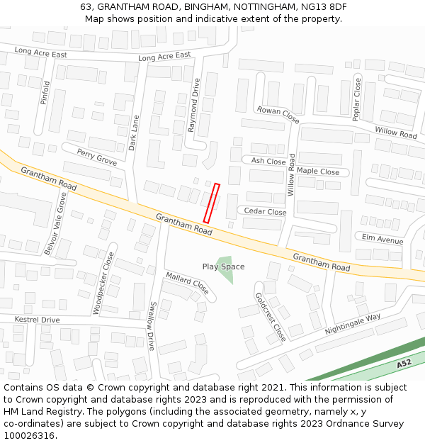 63, GRANTHAM ROAD, BINGHAM, NOTTINGHAM, NG13 8DF: Location map and indicative extent of plot