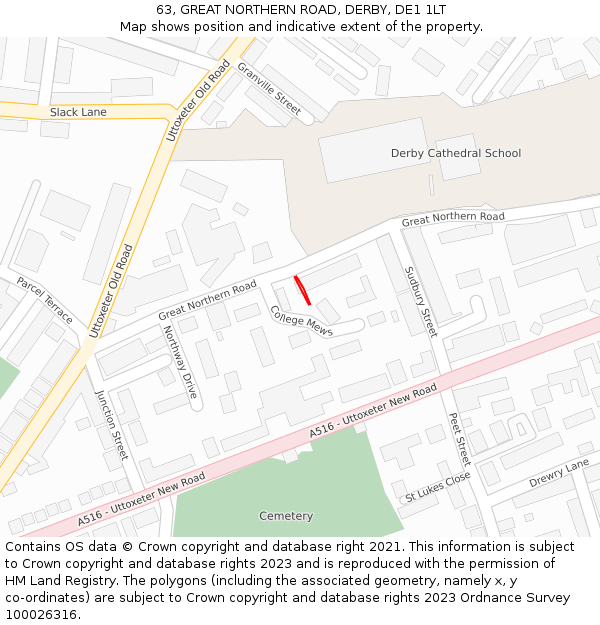 63, GREAT NORTHERN ROAD, DERBY, DE1 1LT: Location map and indicative extent of plot