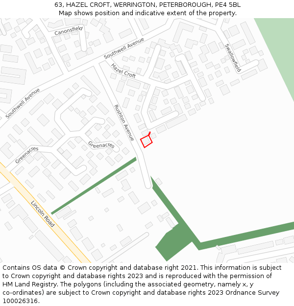 63, HAZEL CROFT, WERRINGTON, PETERBOROUGH, PE4 5BL: Location map and indicative extent of plot