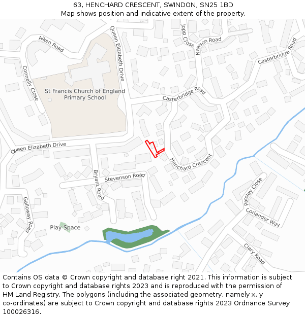 63, HENCHARD CRESCENT, SWINDON, SN25 1BD: Location map and indicative extent of plot