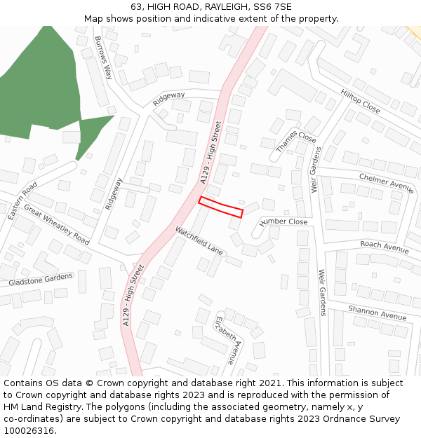 63, HIGH ROAD, RAYLEIGH, SS6 7SE: Location map and indicative extent of plot