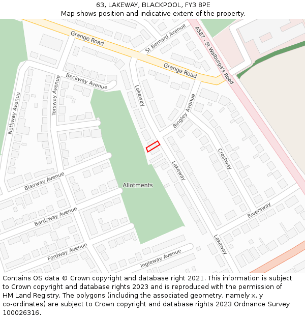 63, LAKEWAY, BLACKPOOL, FY3 8PE: Location map and indicative extent of plot