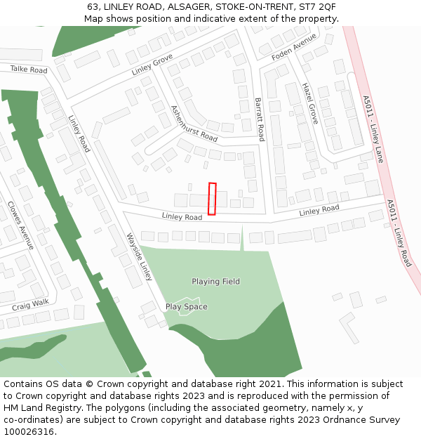 63, LINLEY ROAD, ALSAGER, STOKE-ON-TRENT, ST7 2QF: Location map and indicative extent of plot