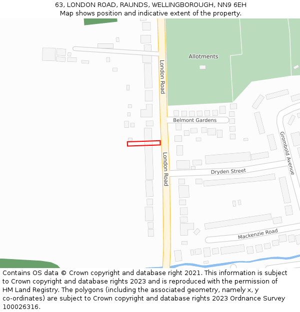 63, LONDON ROAD, RAUNDS, WELLINGBOROUGH, NN9 6EH: Location map and indicative extent of plot