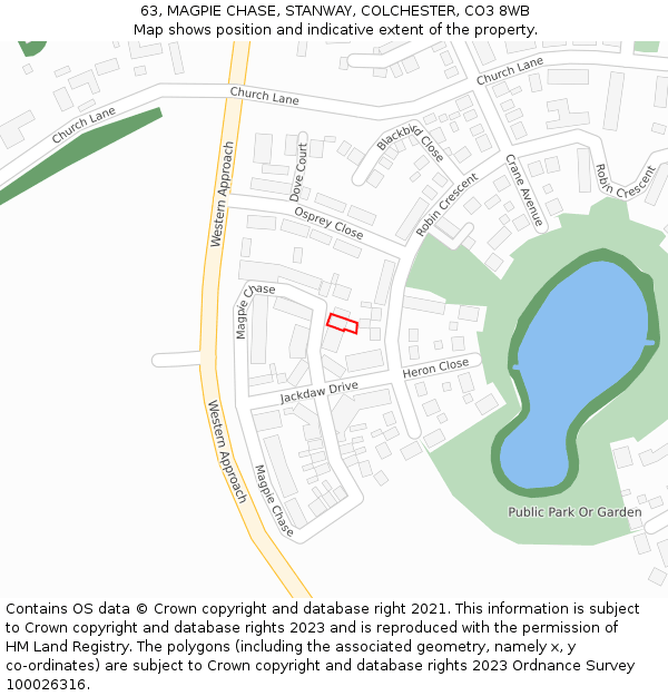 63, MAGPIE CHASE, STANWAY, COLCHESTER, CO3 8WB: Location map and indicative extent of plot