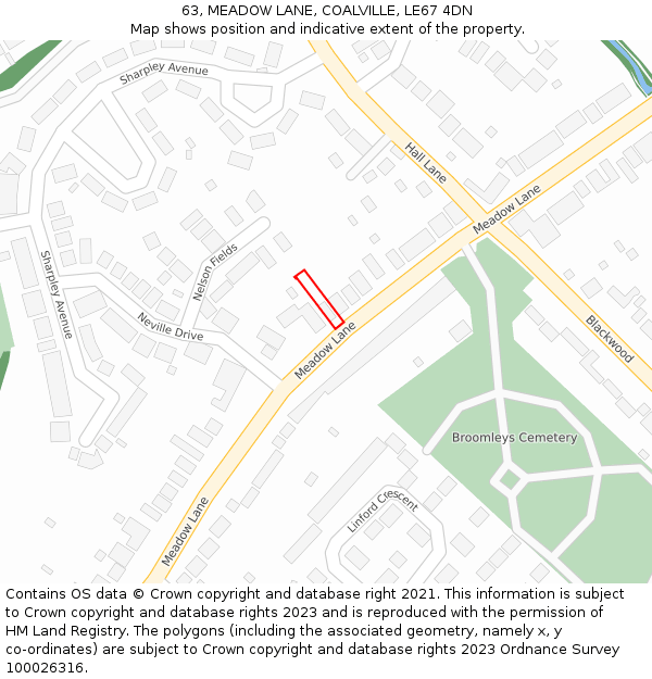 63, MEADOW LANE, COALVILLE, LE67 4DN: Location map and indicative extent of plot