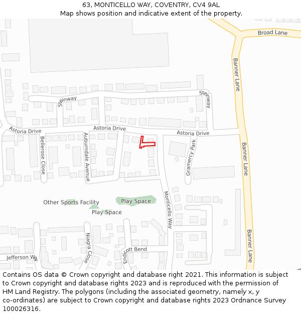 63, MONTICELLO WAY, COVENTRY, CV4 9AL: Location map and indicative extent of plot