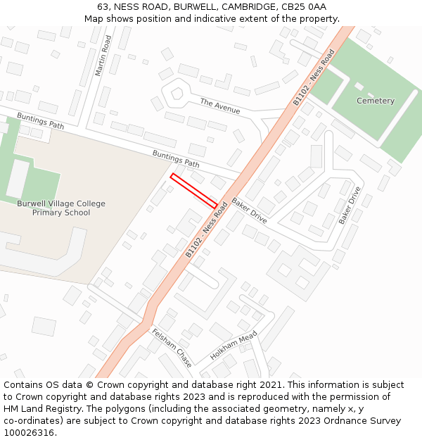 63, NESS ROAD, BURWELL, CAMBRIDGE, CB25 0AA: Location map and indicative extent of plot