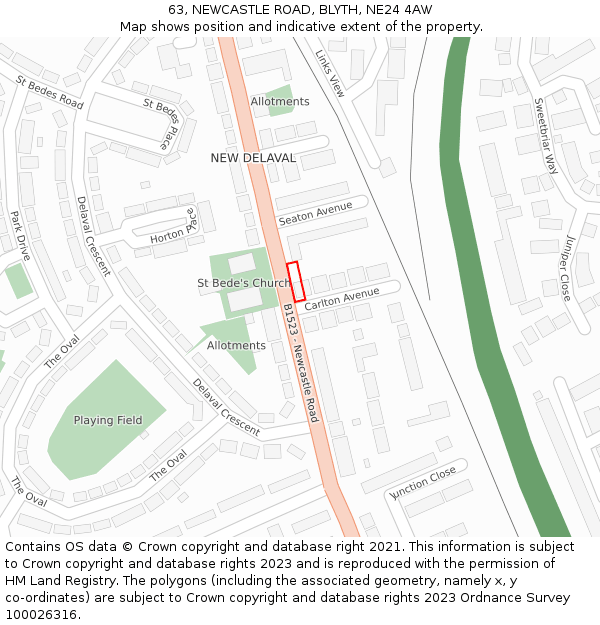 63, NEWCASTLE ROAD, BLYTH, NE24 4AW: Location map and indicative extent of plot