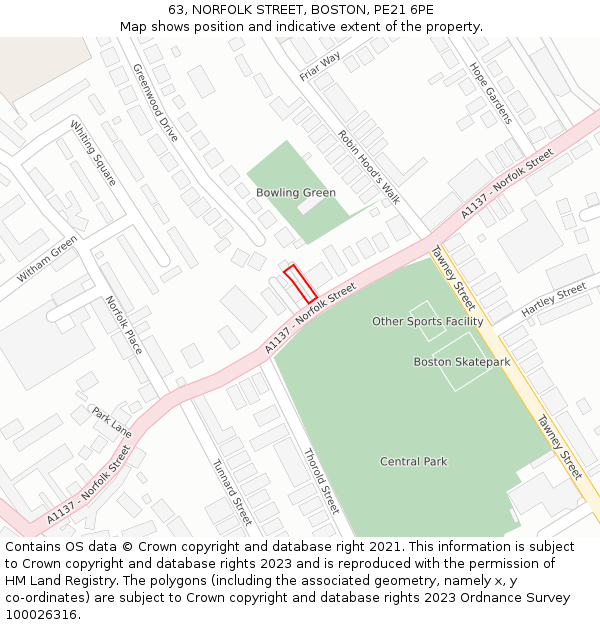 63, NORFOLK STREET, BOSTON, PE21 6PE: Location map and indicative extent of plot