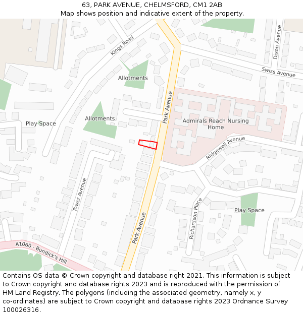 63, PARK AVENUE, CHELMSFORD, CM1 2AB: Location map and indicative extent of plot