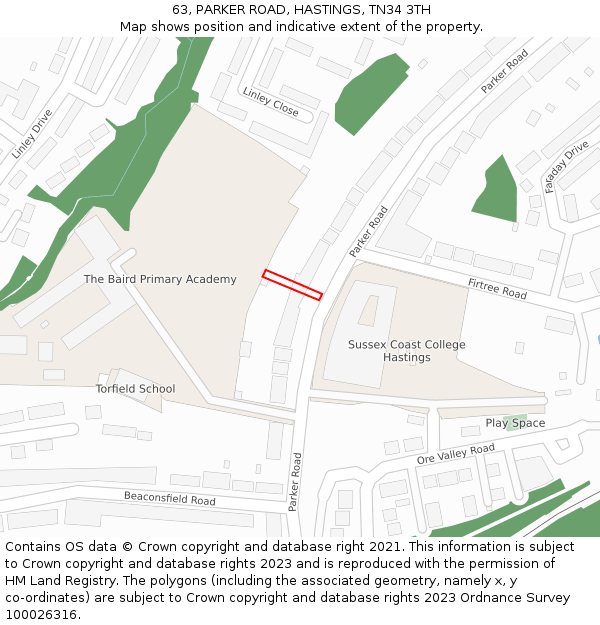 63, PARKER ROAD, HASTINGS, TN34 3TH: Location map and indicative extent of plot