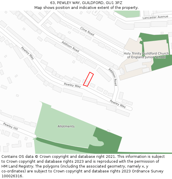 63, PEWLEY WAY, GUILDFORD, GU1 3PZ: Location map and indicative extent of plot