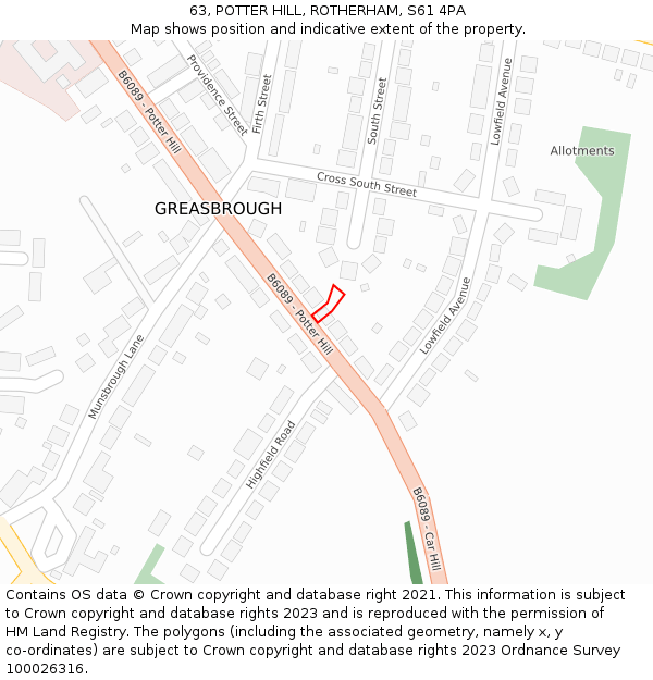 63, POTTER HILL, ROTHERHAM, S61 4PA: Location map and indicative extent of plot