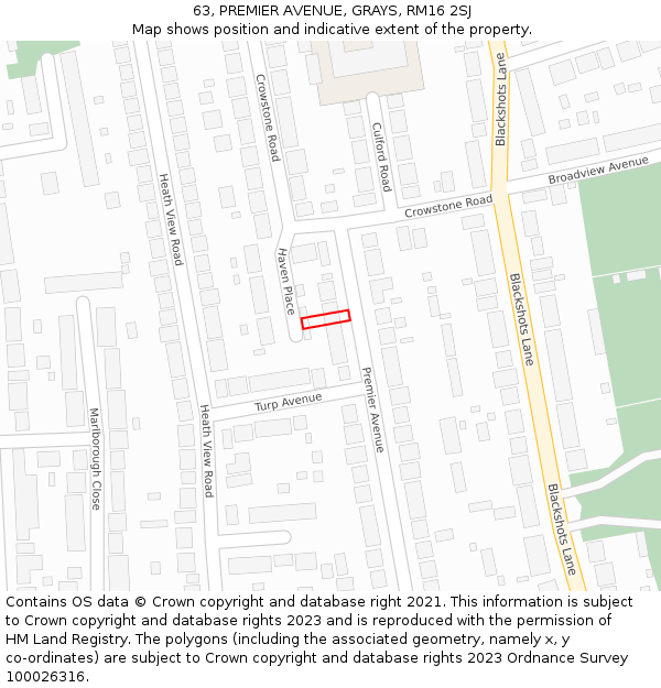 63, PREMIER AVENUE, GRAYS, RM16 2SJ: Location map and indicative extent of plot