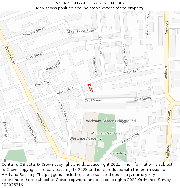 63, RASEN LANE, LINCOLN, LN1 3EZ: Location map and indicative extent of plot