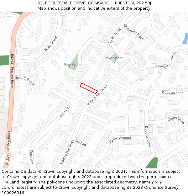 63, RIBBLESDALE DRIVE, GRIMSARGH, PRESTON, PR2 5RJ: Location map and indicative extent of plot