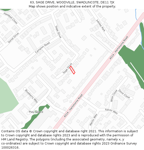 63, SAGE DRIVE, WOODVILLE, SWADLINCOTE, DE11 7JX: Location map and indicative extent of plot