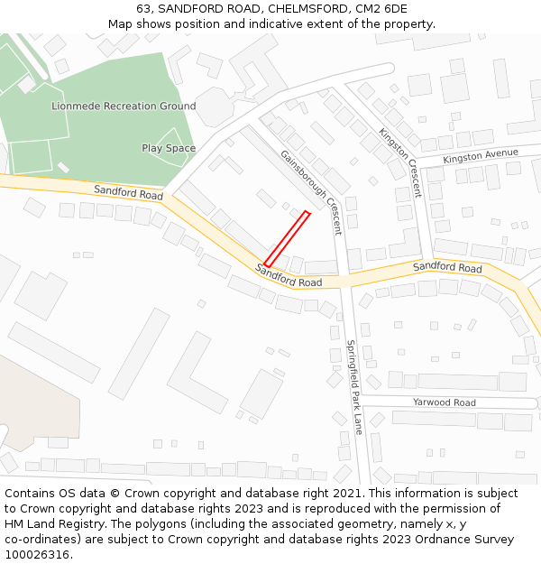 63, SANDFORD ROAD, CHELMSFORD, CM2 6DE: Location map and indicative extent of plot