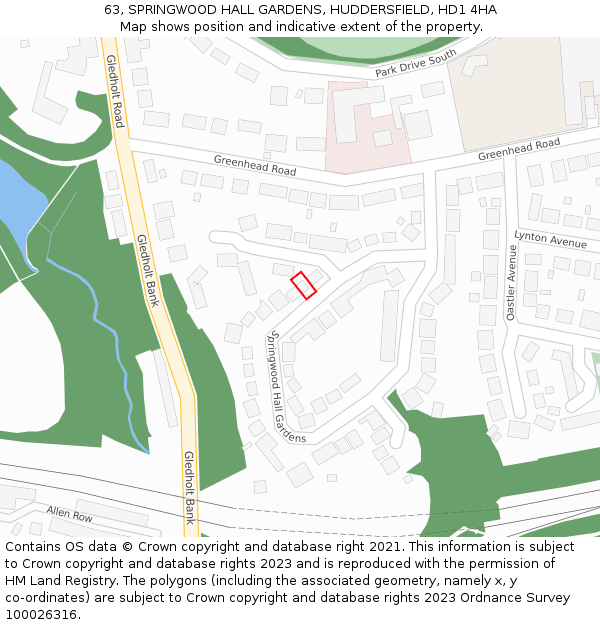 63, SPRINGWOOD HALL GARDENS, HUDDERSFIELD, HD1 4HA: Location map and indicative extent of plot
