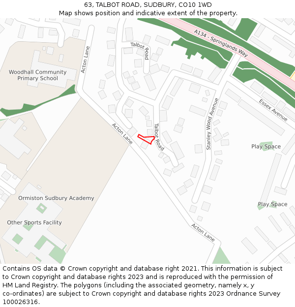 63, TALBOT ROAD, SUDBURY, CO10 1WD: Location map and indicative extent of plot