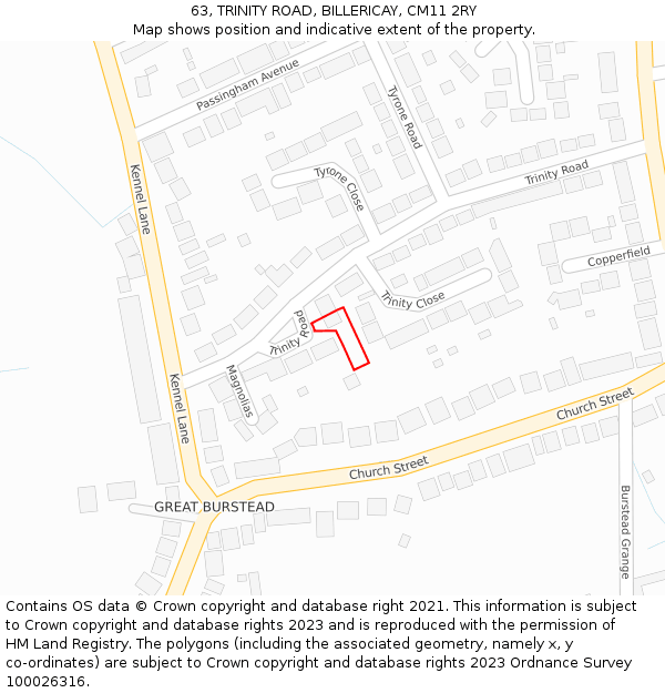 63, TRINITY ROAD, BILLERICAY, CM11 2RY: Location map and indicative extent of plot