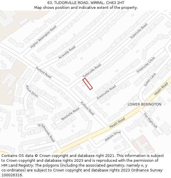 63, TUDORVILLE ROAD, WIRRAL, CH63 2HT: Location map and indicative extent of plot