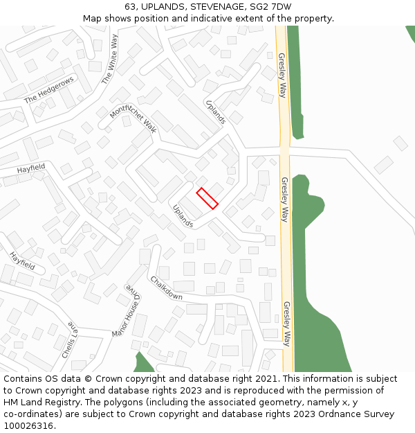 63, UPLANDS, STEVENAGE, SG2 7DW: Location map and indicative extent of plot