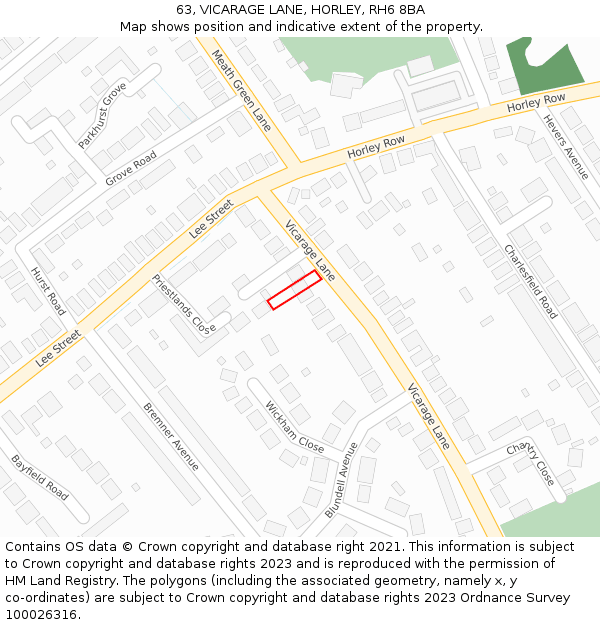 63, VICARAGE LANE, HORLEY, RH6 8BA: Location map and indicative extent of plot