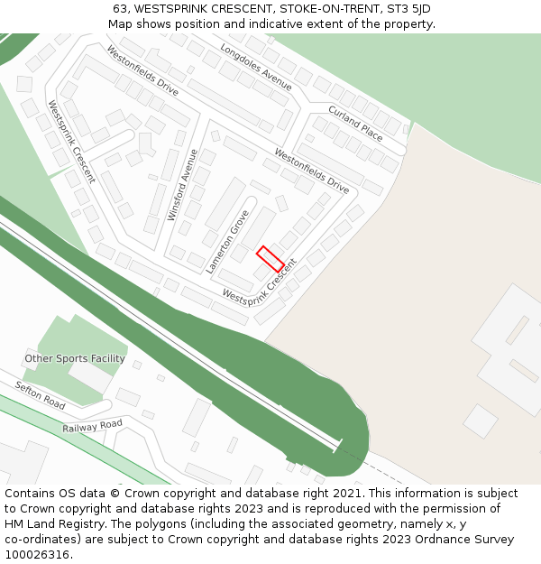 63, WESTSPRINK CRESCENT, STOKE-ON-TRENT, ST3 5JD: Location map and indicative extent of plot