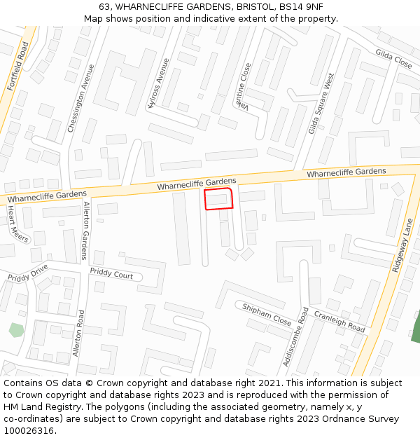 63, WHARNECLIFFE GARDENS, BRISTOL, BS14 9NF: Location map and indicative extent of plot