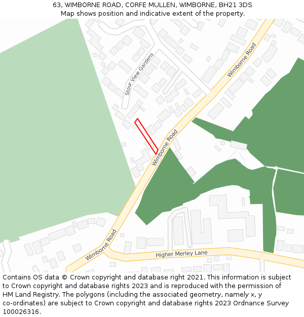 63, WIMBORNE ROAD, CORFE MULLEN, WIMBORNE, BH21 3DS: Location map and indicative extent of plot