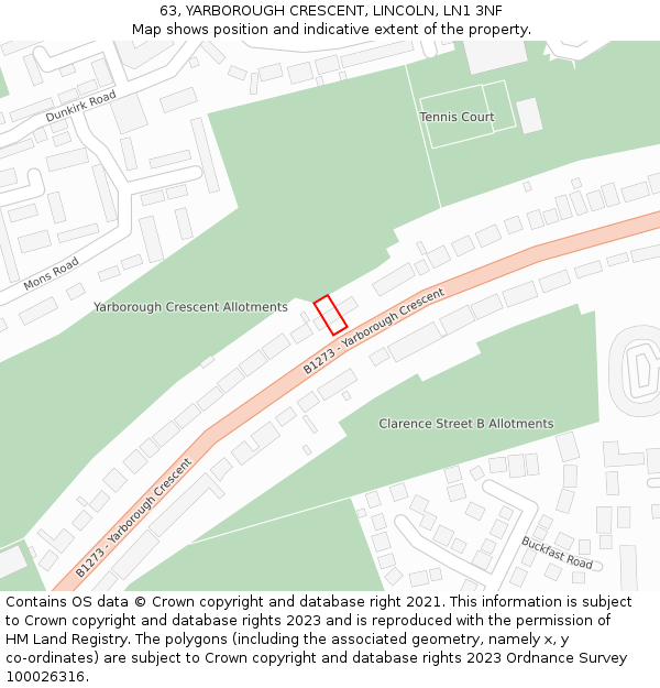 63, YARBOROUGH CRESCENT, LINCOLN, LN1 3NF: Location map and indicative extent of plot