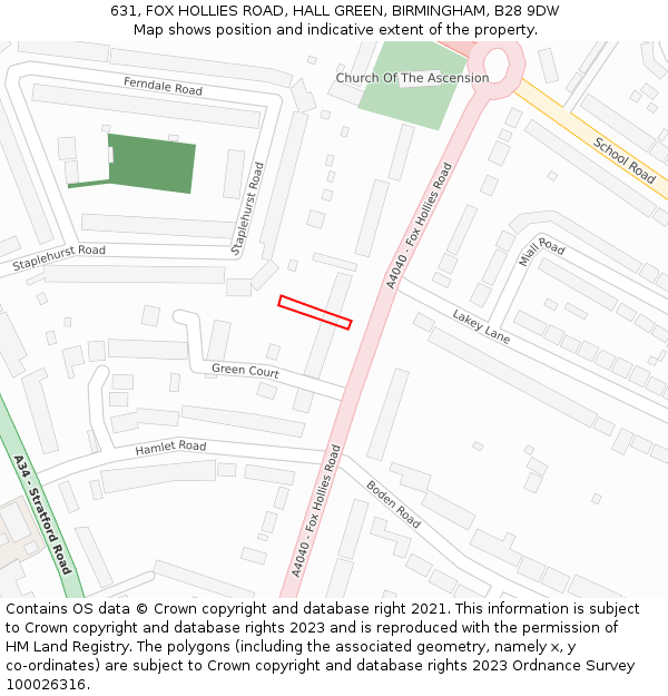 631, FOX HOLLIES ROAD, HALL GREEN, BIRMINGHAM, B28 9DW: Location map and indicative extent of plot