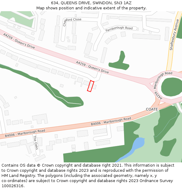 634, QUEENS DRIVE, SWINDON, SN3 1AZ: Location map and indicative extent of plot