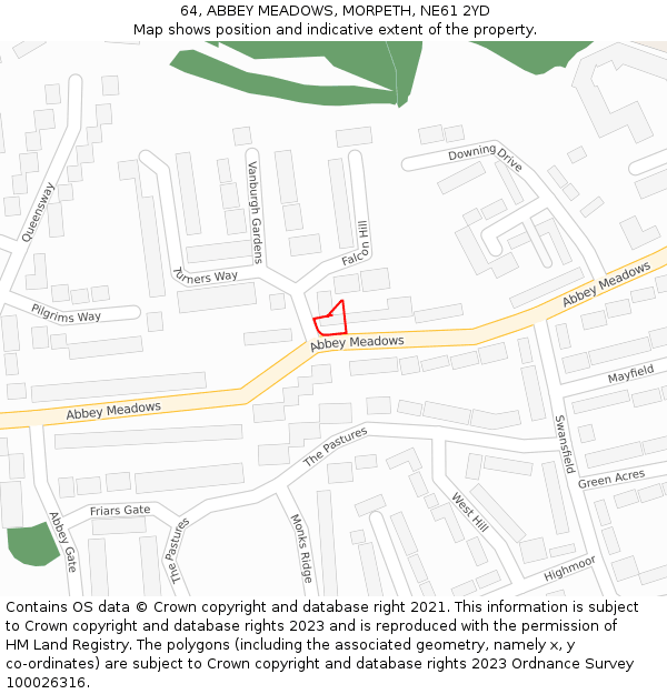 64, ABBEY MEADOWS, MORPETH, NE61 2YD: Location map and indicative extent of plot