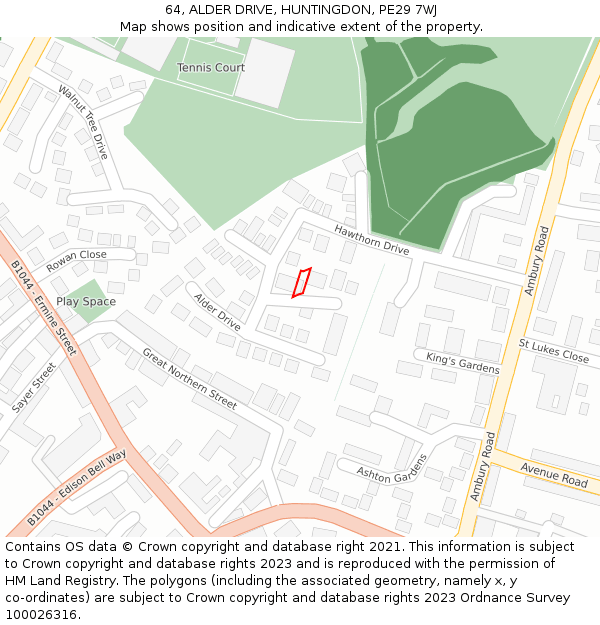64, ALDER DRIVE, HUNTINGDON, PE29 7WJ: Location map and indicative extent of plot