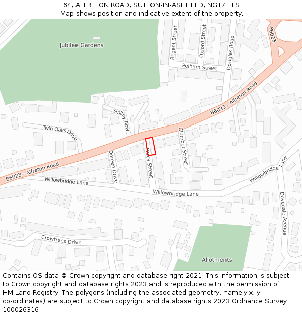 64, ALFRETON ROAD, SUTTON-IN-ASHFIELD, NG17 1FS: Location map and indicative extent of plot