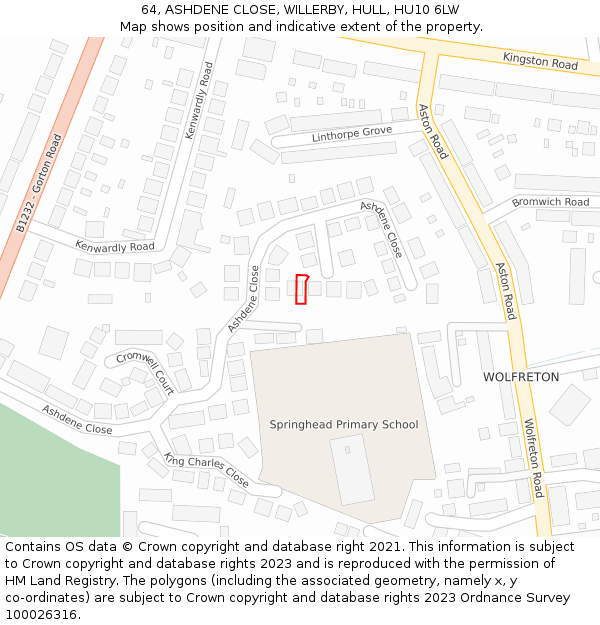64, ASHDENE CLOSE, WILLERBY, HULL, HU10 6LW: Location map and indicative extent of plot