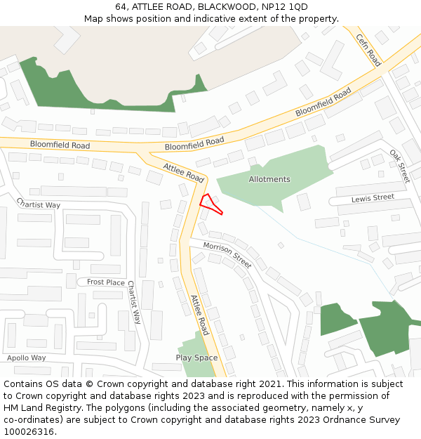 64, ATTLEE ROAD, BLACKWOOD, NP12 1QD: Location map and indicative extent of plot