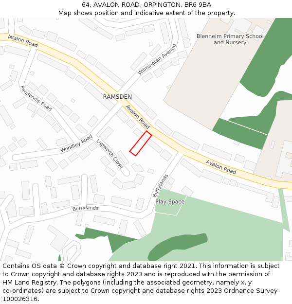 64, AVALON ROAD, ORPINGTON, BR6 9BA: Location map and indicative extent of plot