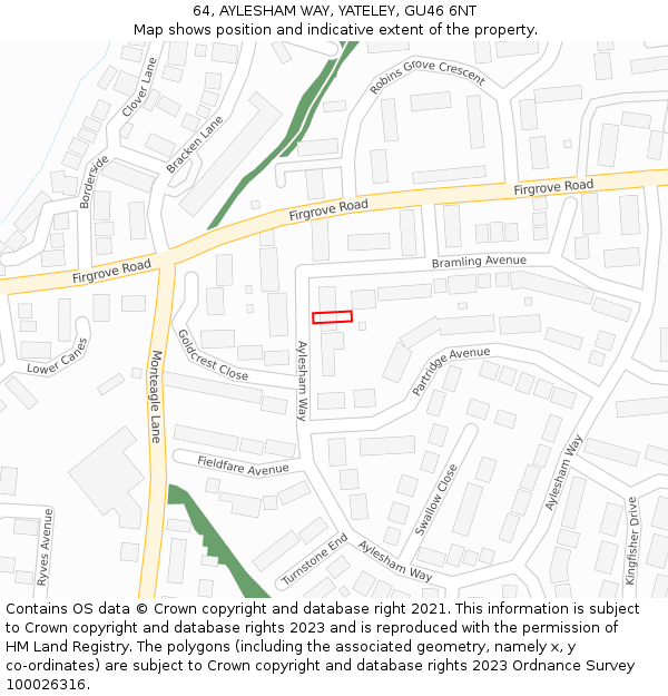 64, AYLESHAM WAY, YATELEY, GU46 6NT: Location map and indicative extent of plot