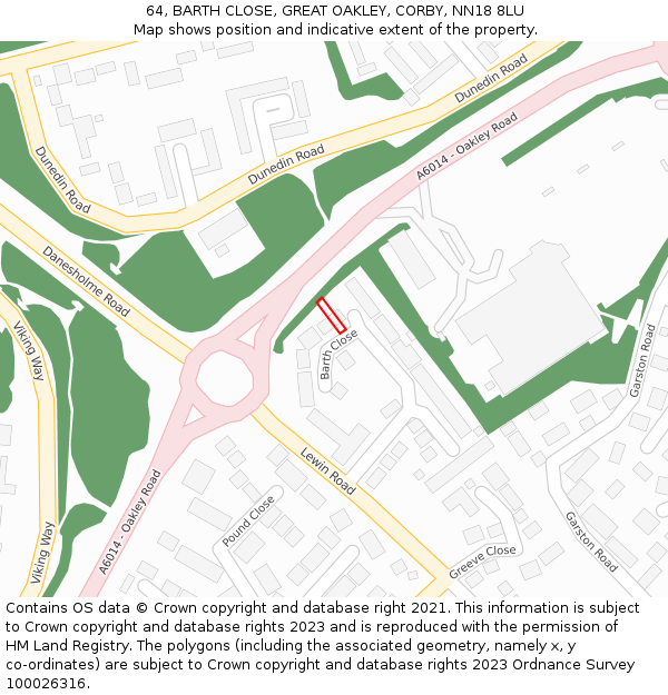 64, BARTH CLOSE, GREAT OAKLEY, CORBY, NN18 8LU: Location map and indicative extent of plot