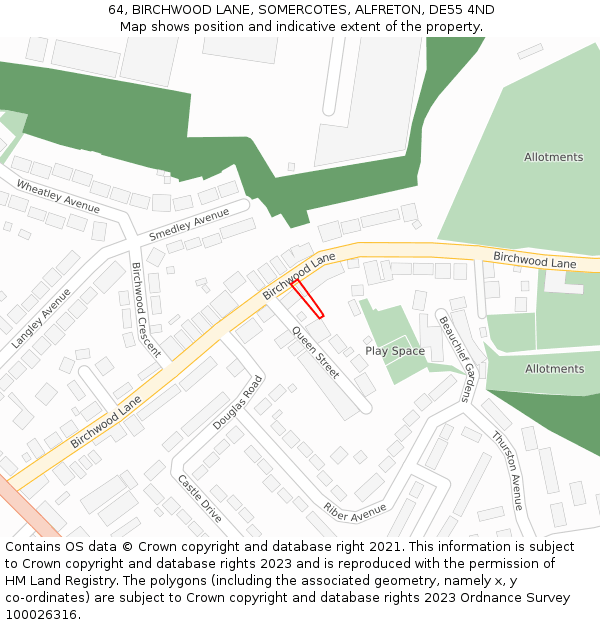 64, BIRCHWOOD LANE, SOMERCOTES, ALFRETON, DE55 4ND: Location map and indicative extent of plot
