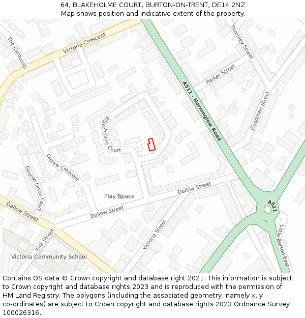 64, BLAKEHOLME COURT, BURTON-ON-TRENT, DE14 2NZ: Location map and indicative extent of plot
