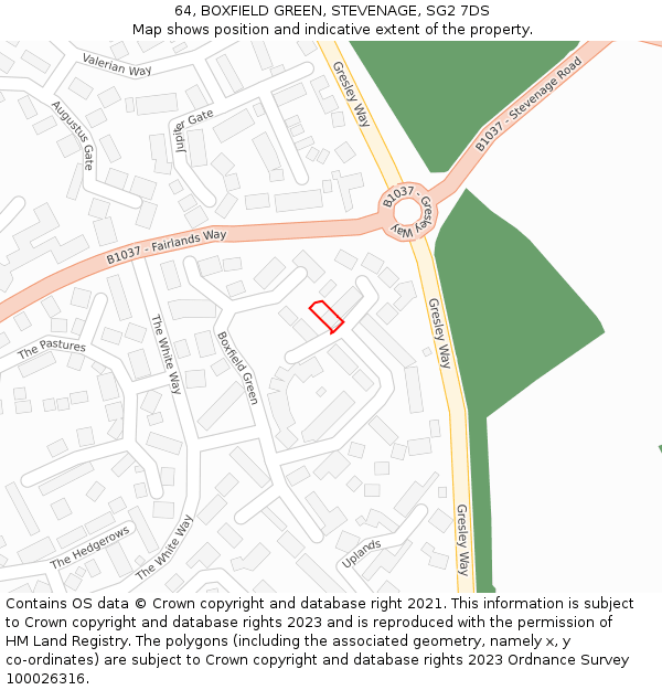 64, BOXFIELD GREEN, STEVENAGE, SG2 7DS: Location map and indicative extent of plot