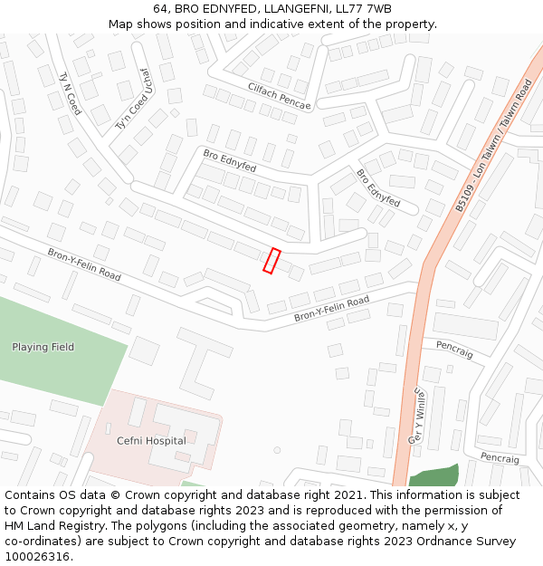 64, BRO EDNYFED, LLANGEFNI, LL77 7WB: Location map and indicative extent of plot