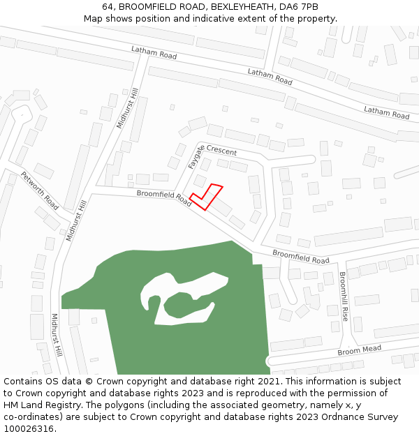 64, BROOMFIELD ROAD, BEXLEYHEATH, DA6 7PB: Location map and indicative extent of plot