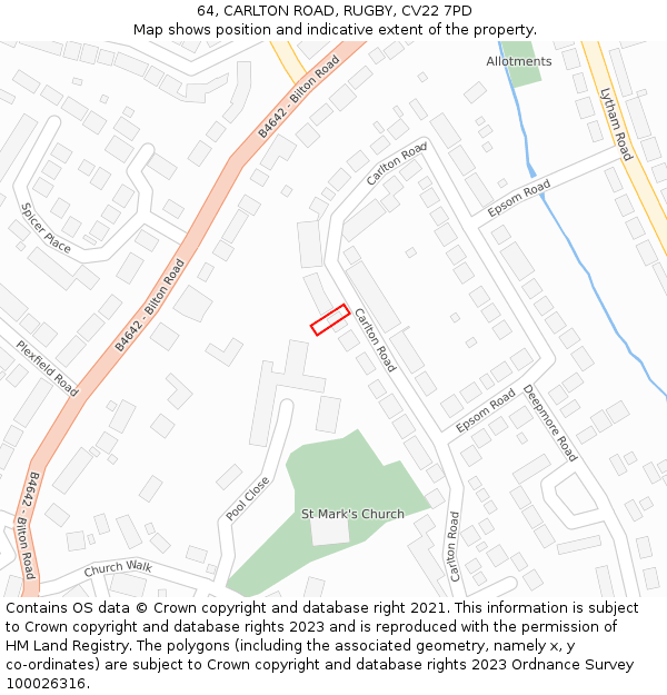 64, CARLTON ROAD, RUGBY, CV22 7PD: Location map and indicative extent of plot